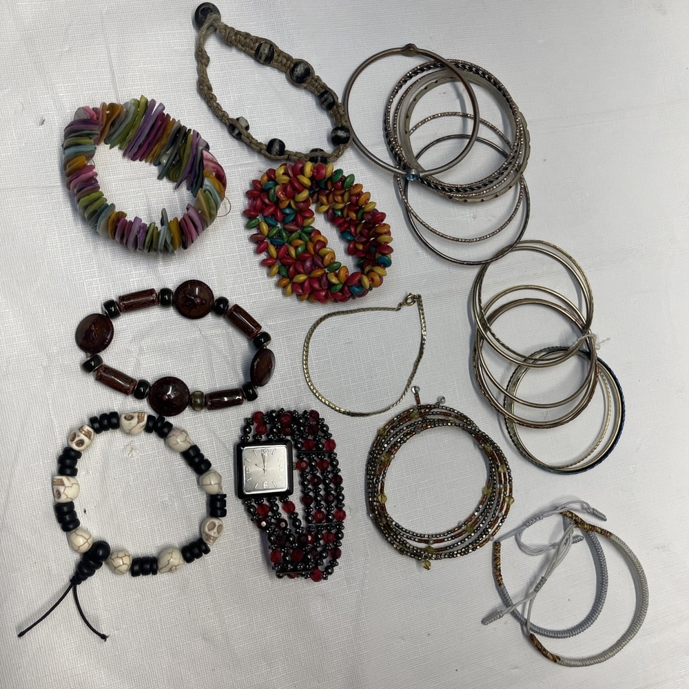 Boho‎ Jewelry Lot Bracelets Bangles Watch Skull Coconut Shell Beaded Mixed